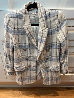 Veronica Beard Cream and Blue Plaid Double-Breasted Blazer